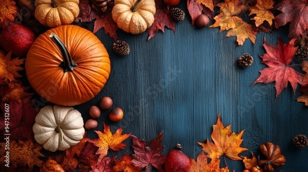 Obraz Frame of autumn Thanksgiving Day concept with warm cozy items, autumn leaves, pumpkins, pinecones on flat light background  