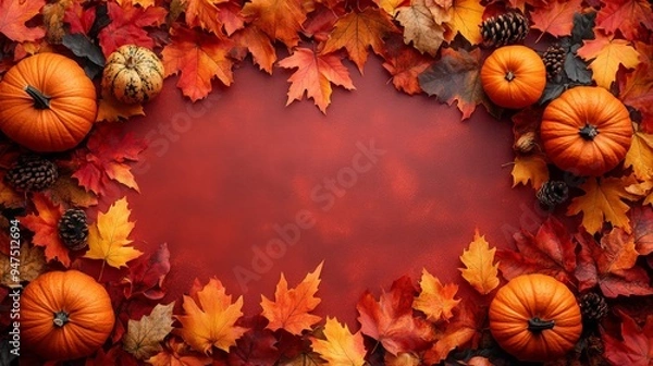 Obraz Frame of autumn Thanksgiving Day concept with warm cozy items, autumn leaves, pumpkins, pinecones on flat light background  