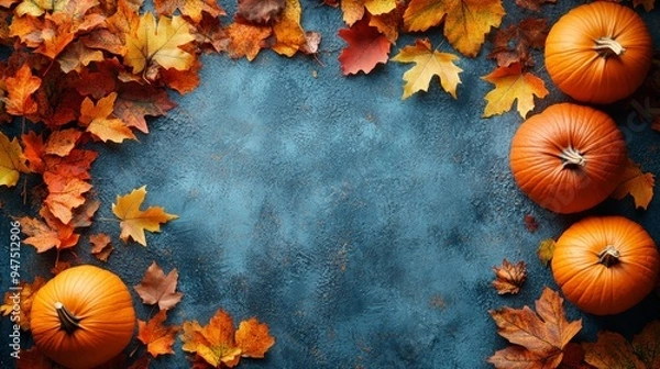 Obraz Frame of autumn Thanksgiving Day concept with warm cozy items, autumn leaves, pumpkins, pinecones on flat light background  