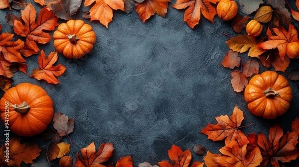Obraz Frame of autumn Thanksgiving Day concept with warm cozy items, autumn leaves, pumpkins, pinecones on flat light background  