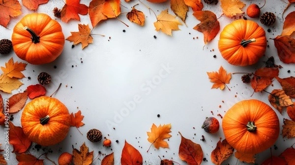 Obraz Frame of autumn Thanksgiving Day concept with warm cozy items, autumn leaves, pumpkins, pinecones on flat light background  