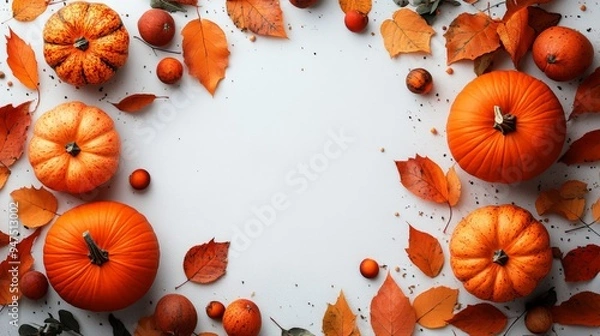 Obraz Frame of autumn Thanksgiving Day concept with warm cozy items, autumn leaves, pumpkins, pinecones on flat light background  