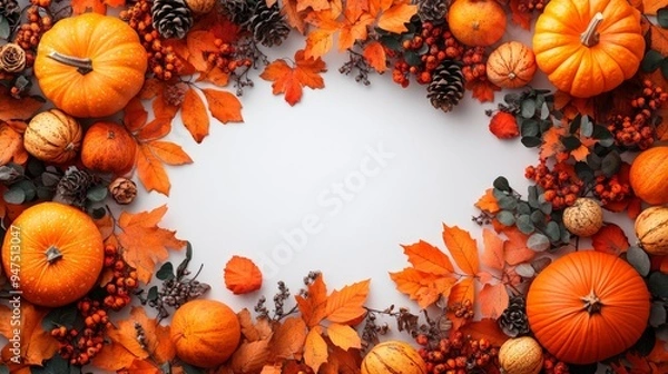 Obraz Frame of autumn Thanksgiving Day concept with warm cozy items, autumn leaves, pumpkins, pinecones on flat light background  