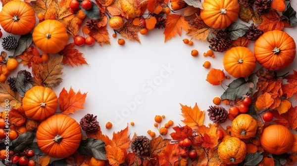 Obraz Frame of autumn Thanksgiving Day concept with warm cozy items, autumn leaves, pumpkins, pinecones on flat light background  