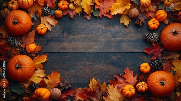 Obraz Frame of autumn Thanksgiving Day concept with warm cozy items, autumn leaves, pumpkins, pinecones on flat light background  