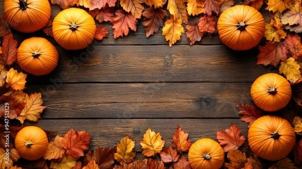 Obraz Frame of autumn Thanksgiving Day concept with warm cozy items, autumn leaves, pumpkins, pinecones on flat light background  