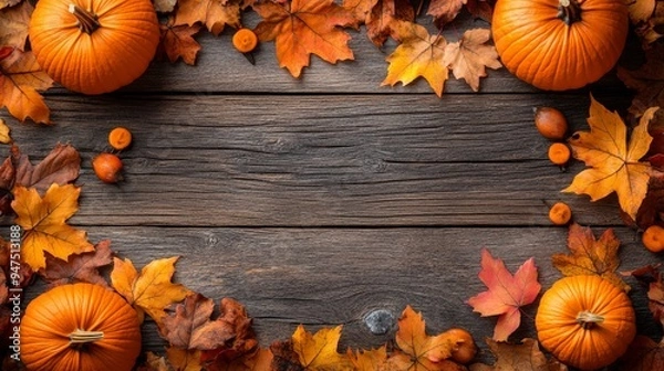 Obraz Frame of autumn Thanksgiving Day concept with warm cozy items, autumn leaves, pumpkins, pinecones on flat light background  