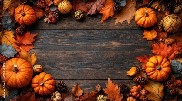 Obraz Frame of autumn Thanksgiving Day concept with warm cozy items, autumn leaves, pumpkins, pinecones on flat light background  
