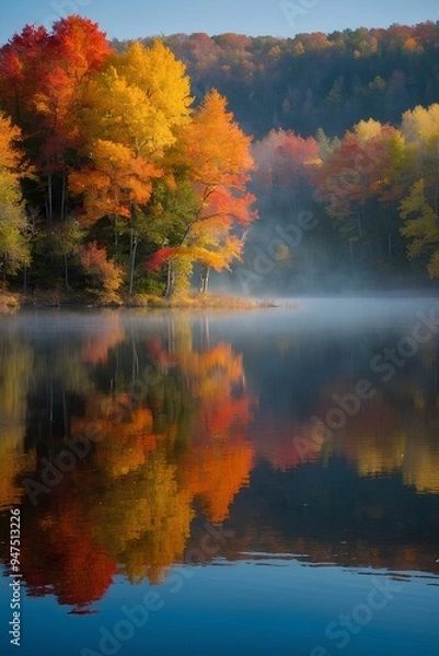 Fototapeta Serene Autumn Landscape with Golden Leaves and Misty Forest Path