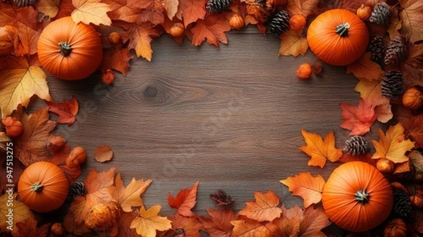 Obraz Frame of autumn Thanksgiving Day concept with warm cozy items, autumn leaves, pumpkins, pinecones on flat light background  