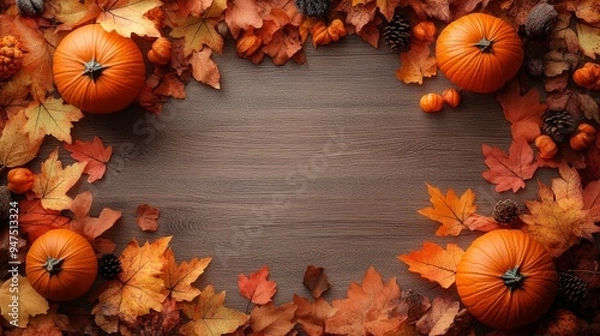 Obraz Frame of autumn Thanksgiving Day concept with warm cozy items, autumn leaves, pumpkins, pinecones on flat light background  