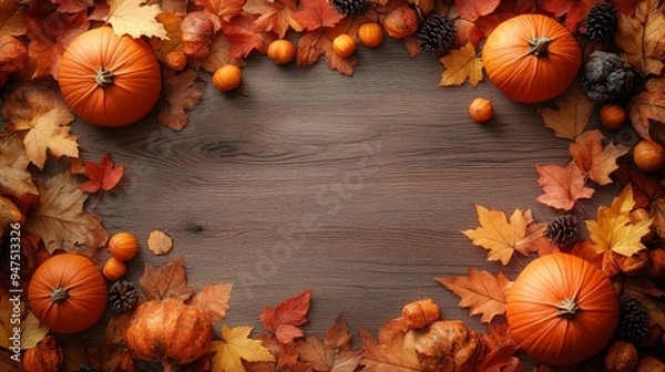 Obraz Frame of autumn Thanksgiving Day concept with warm cozy items, autumn leaves, pumpkins, pinecones on flat light background  