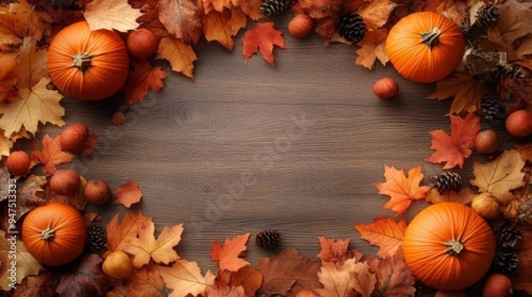 Obraz Frame of autumn Thanksgiving Day concept with warm cozy items, autumn leaves, pumpkins, pinecones on flat light background  