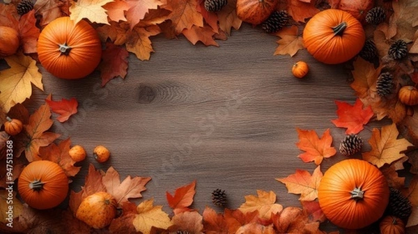 Obraz Frame of autumn Thanksgiving Day concept with warm cozy items, autumn leaves, pumpkins, pinecones on flat light background  