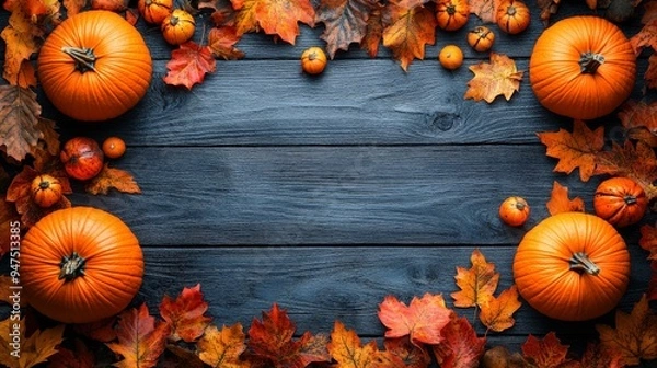 Obraz Frame of autumn Thanksgiving Day concept with warm cozy items, autumn leaves, pumpkins, pinecones on flat light background  