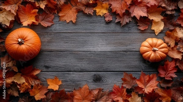 Obraz Frame of autumn Thanksgiving Day concept with warm cozy items, autumn leaves, pumpkins, pinecones on flat light background  
