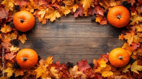 Obraz Frame of autumn Thanksgiving Day concept with warm cozy items, autumn leaves, pumpkins, pinecones on flat light background  