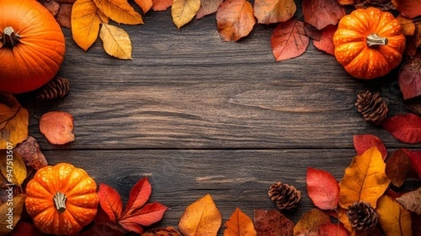 Obraz Frame of autumn Thanksgiving Day concept with warm cozy items, autumn leaves, pumpkins, pinecones on flat light background  