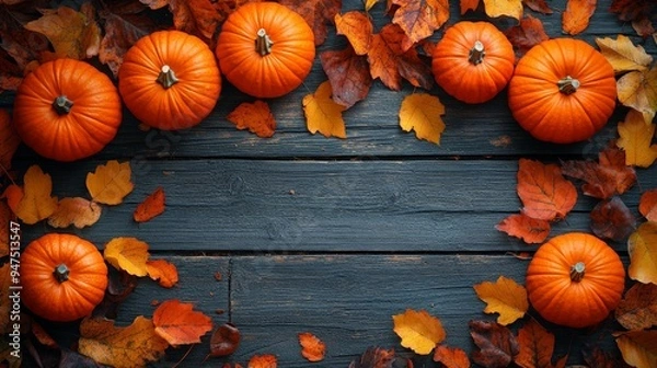 Obraz Frame of autumn Thanksgiving Day concept with warm cozy items, autumn leaves, pumpkins, pinecones on flat light background  