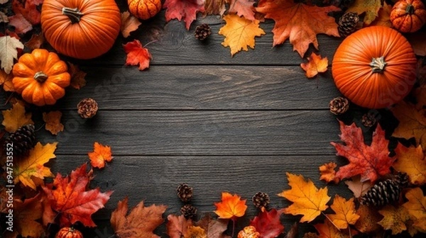 Obraz Frame of autumn Thanksgiving Day concept with warm cozy items, autumn leaves, pumpkins, pinecones on flat light background  