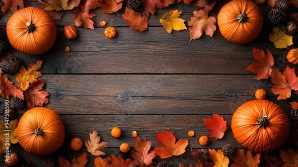 Obraz Frame of autumn Thanksgiving Day concept with warm cozy items, autumn leaves, pumpkins, pinecones on flat light background  