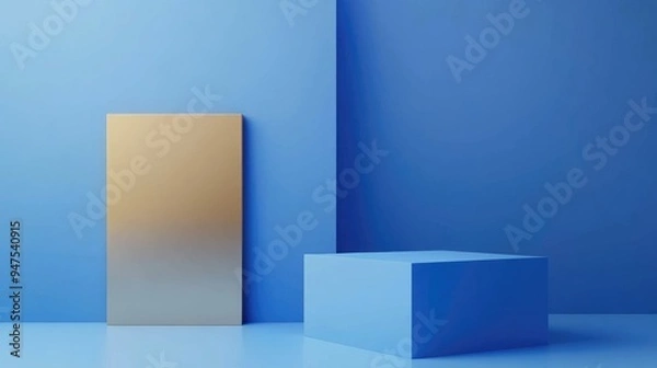 Fototapeta Empty blue cube podium alongside a gold square on a blue backdrop Abstract minimalistic 3D geometric shapes for product design presentation 3D rendering