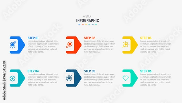 Obraz Business  infographics design for Six Step, option, parts or process. Infographic 6 element design template for presentation.  process diagram, step banner, flow chart, 6 option template.