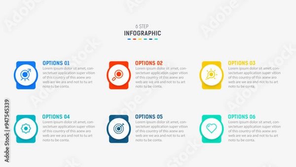 Fototapeta Business  infographics design for Six Step, option, parts or process. Infographic 6 element design template for presentation.  process diagram, step banner, flow chart, 6 option template.
