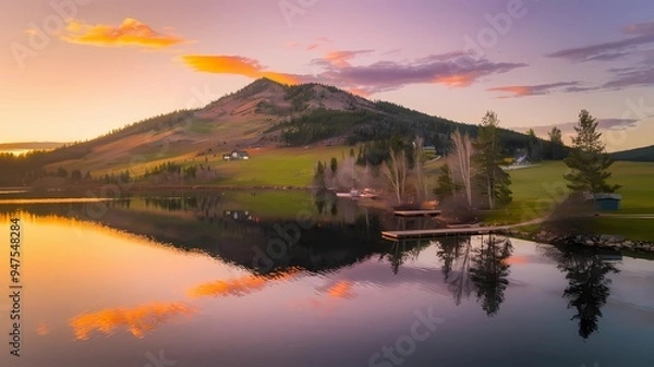 Fototapeta A drone's aerial photo of a serene landscape at sunset. There's a calm lake reflecting the orange and purple sky. 