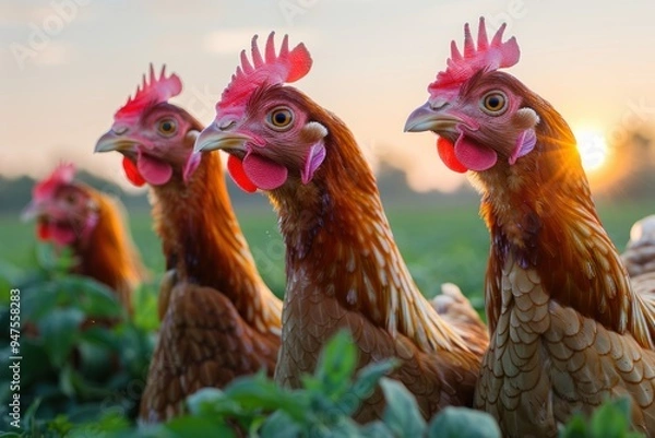Fototapeta Three Chickens at Sunset in a Field