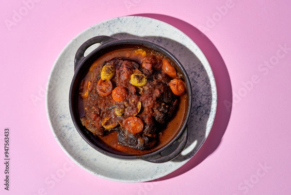 Fototapeta A hearty portion of braised beef cheeks in a rich tomato sauce. The dish is served in a cast iron skillet and garnished with fresh herbs.