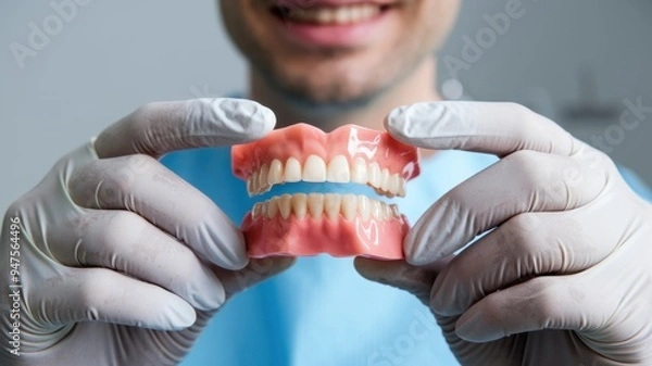 Fototapeta Dental Prosthesis in Dentist’s Hands – Close-Up View of False Teeth, Prosthetic Dentistry Concept