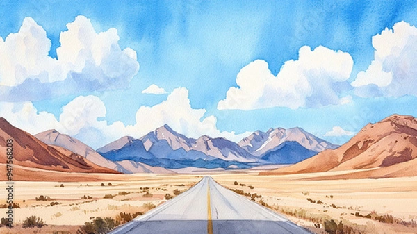 Fototapeta A scenic watercolor painting of desert highway stretching towards majestic mountains under bright blue sky with fluffy clouds.