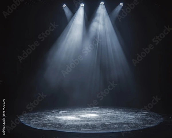 Fototapeta Dramatic stage lighting with focused spotlights casting beams of light onto an empty stage, creating a moody atmosphere.