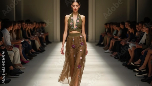 Fototapeta Stunning Fashion Week Runway Shots: Models in Chic Olive and Brown Silk Outfits with Floral Embroidery - High-Resolution Images for Editorial Use