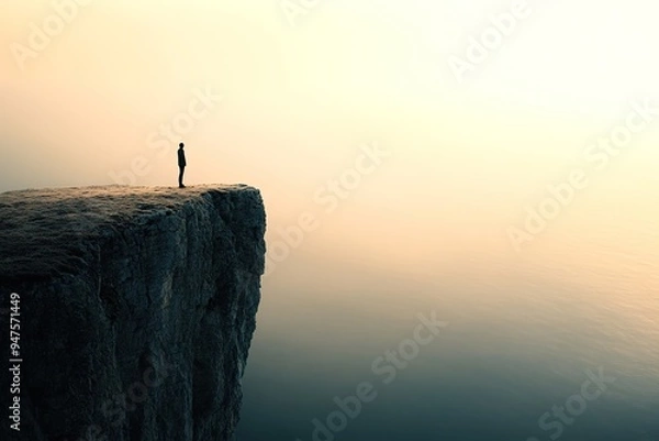 Obraz Person standing on cliff edge in misty landscape