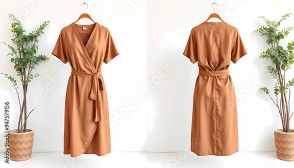 Fototapeta Here's a mockup of a Brown blank Wrap around dress with a white wall and a front and back view. Please replace the design with your own.
