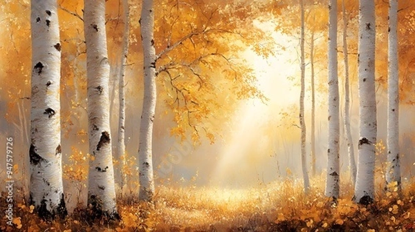 Fototapeta A bright autumn scene with a grove of aspen trees. The first panel shows the white bark of the aspen trunks, with golden leaves scattered on the ground. 