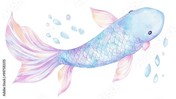 Fototapeta Pastel mermaid tail clipart, 3D cute style, sparkling scales, soft hues, isolated on white background