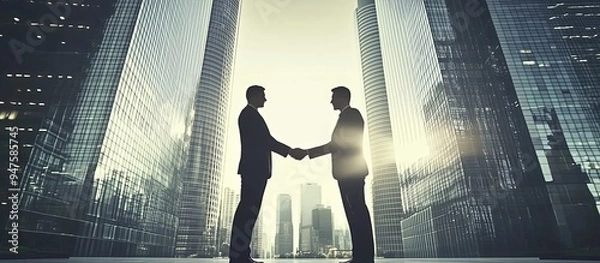 Fototapeta Two businessmen shaking hands in front of tall buildings