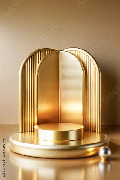 Obraz Gold podium with arched backdrop and decorative spheres on a golden surface