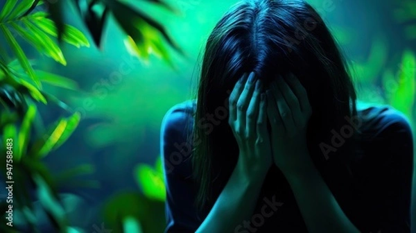 Fototapeta A woman is in distress, hiding her face in a lush green setting, conveying deep emotions and inner turmoil amidst nature.