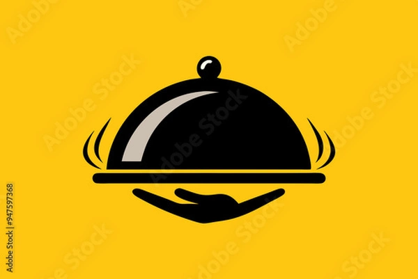 Fototapeta Black Dish with lid holding hands isolated on yellow, opened restaurant cloche,concept icons set