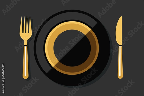 Fototapeta white background plate and golden fork and knife icons set