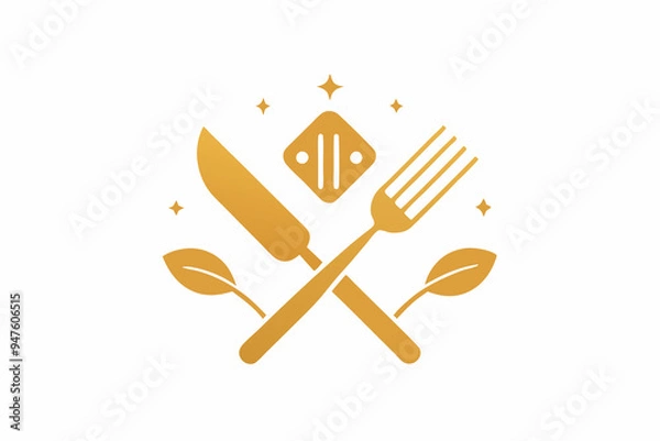 Fototapeta white background plate and golden fork and knife icons set