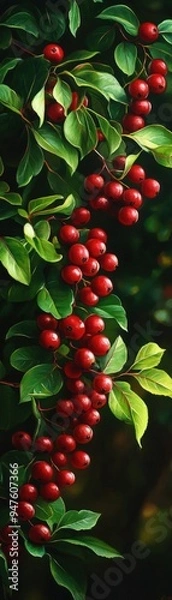 Fototapeta Vibrant red berries hanging from lush green leaves, creating a striking contrast in nature's bounty.