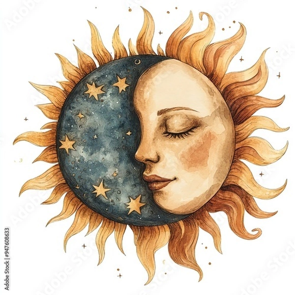 Fototapeta Watercolor illustration of sun and moon with stars.