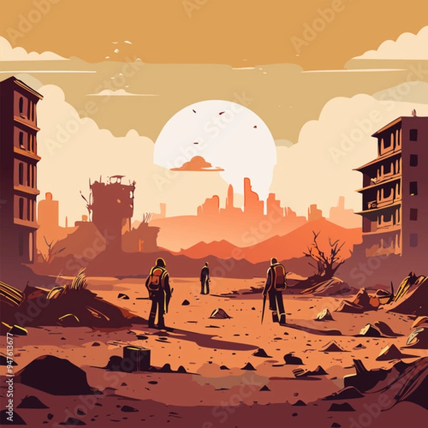 Fototapeta  Vector illustration of destroyed city.