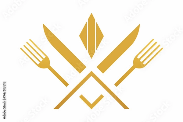 Fototapeta white background plate and golden fork and knife icons set