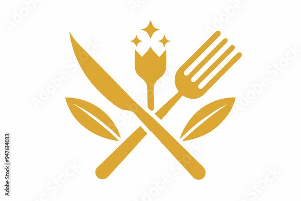 Fototapeta white background plate and golden fork and knife icons set